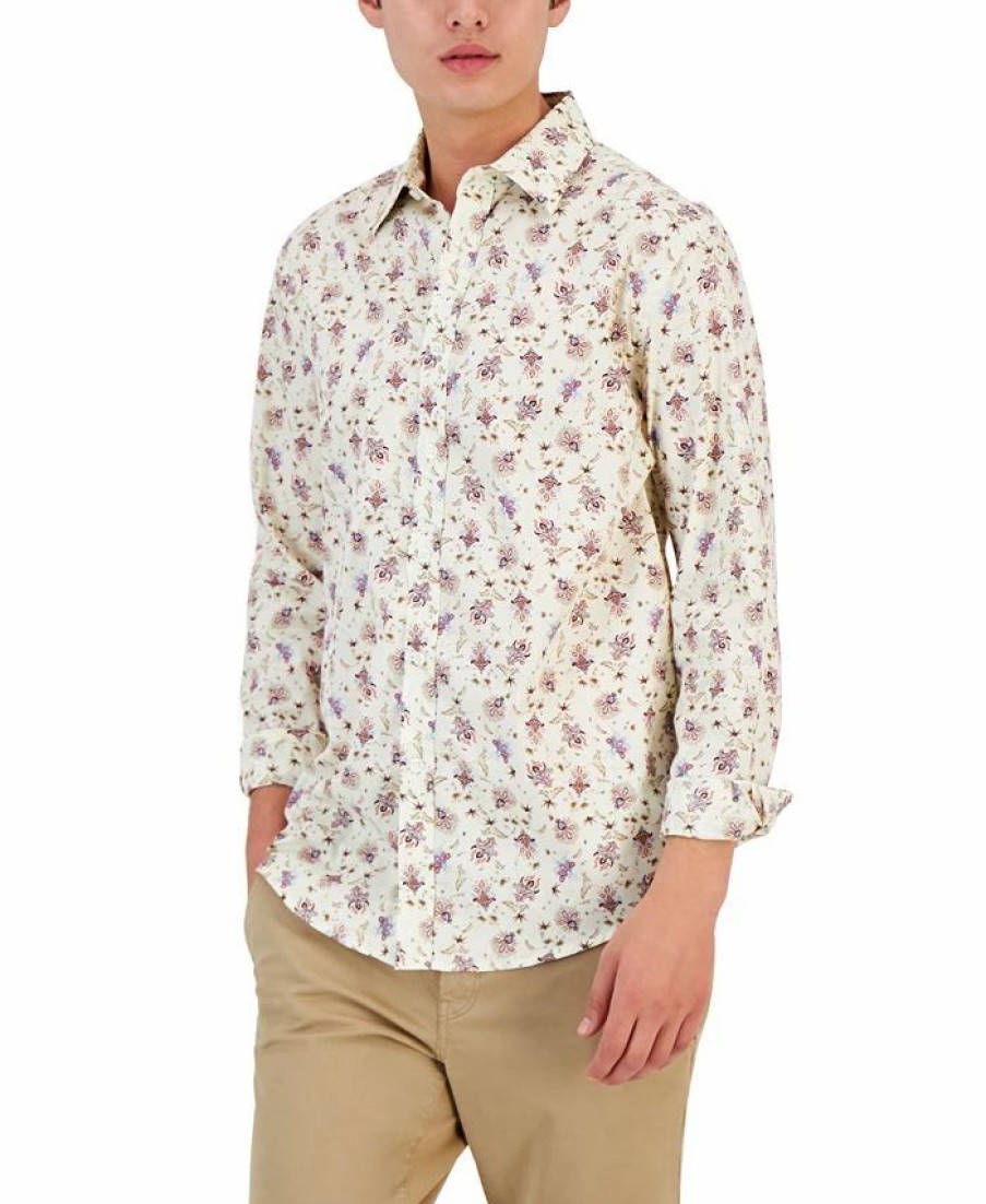 Casual Button-Down Shirts * | Club Room Men'S Monan Floral Shirt, Created For Macy'S Bright White