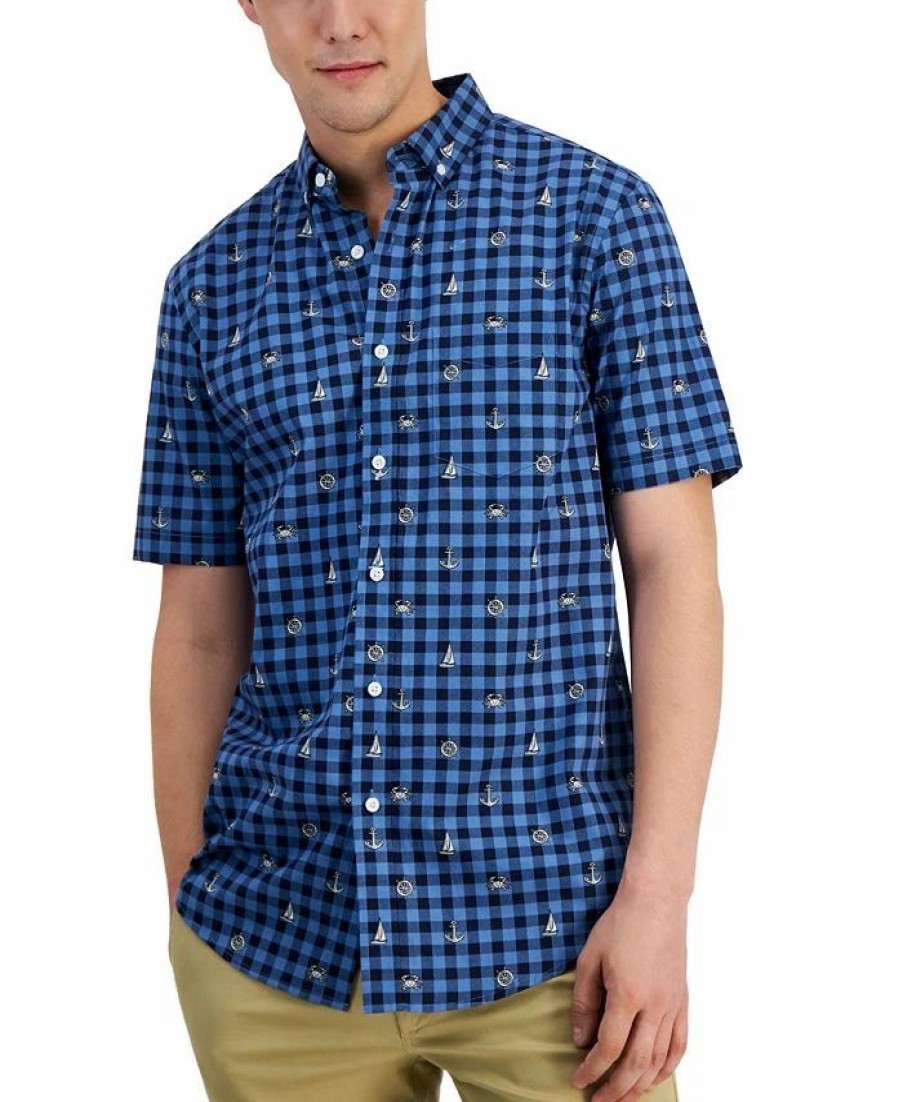 Casual Button-Down Shirts * | Club Room Men'S Peter Classic-Fit Maritime-Print Check Button-Down Poplin Shirt, Created For Macy'S Navy Blue