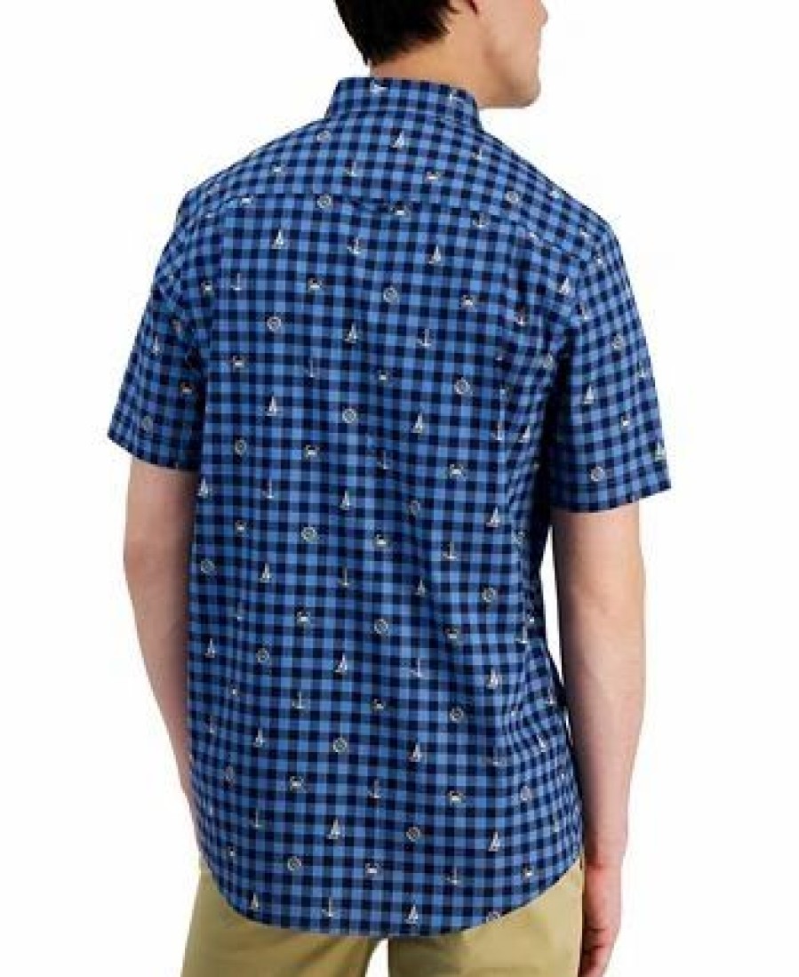 Casual Button-Down Shirts * | Club Room Men'S Peter Classic-Fit Maritime-Print Check Button-Down Poplin Shirt, Created For Macy'S Navy Blue