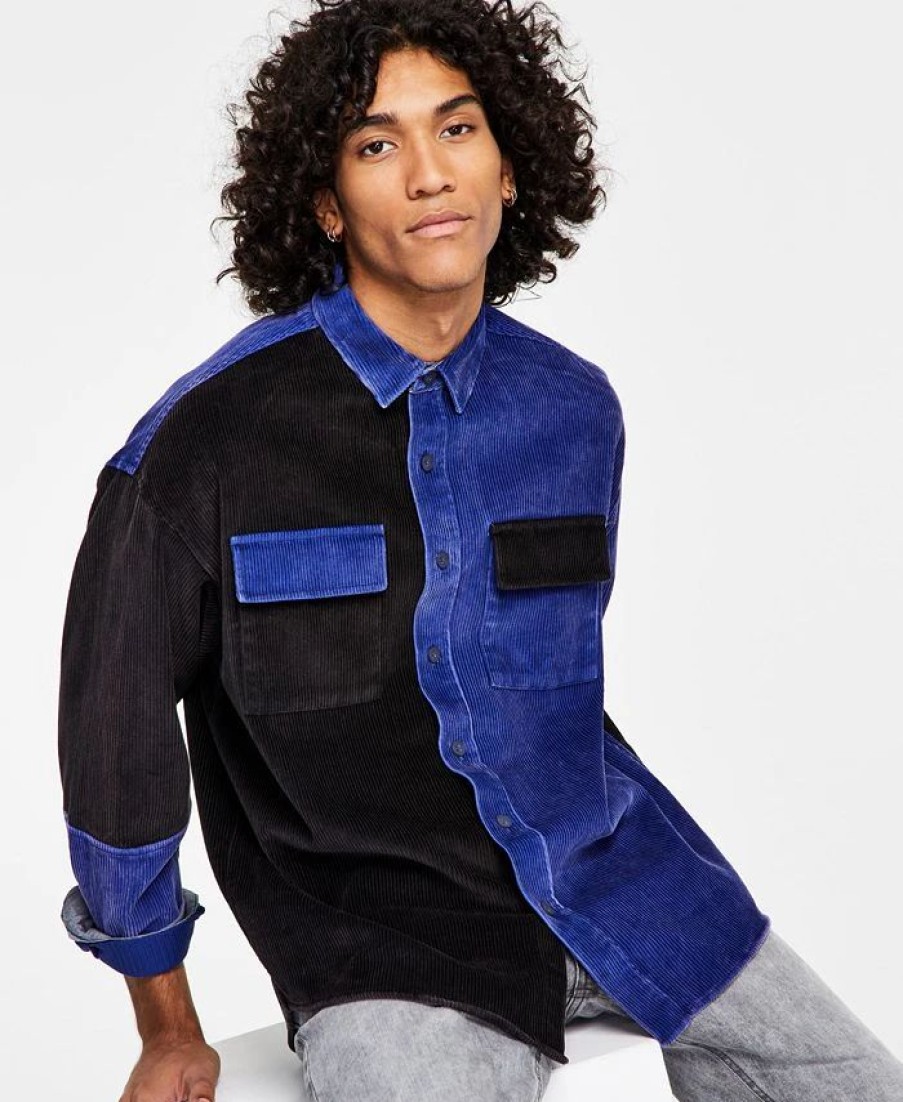 Casual Button-Down Shirts * | Sun + Stone Men'S Regular-Fit Pieced Colorblocked Corduroy Shirt, Created For Macy'S Blue Combo