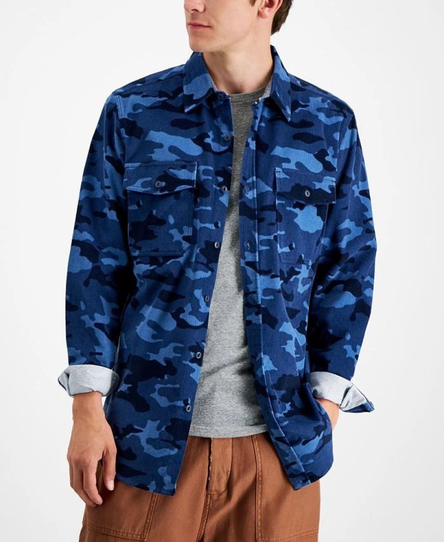 Casual Button-Down Shirts * | Sun + Stone Men'S Nolan Regular-Fit Camouflage Corduroy Shirt, Created For Macy'S Blue Combo